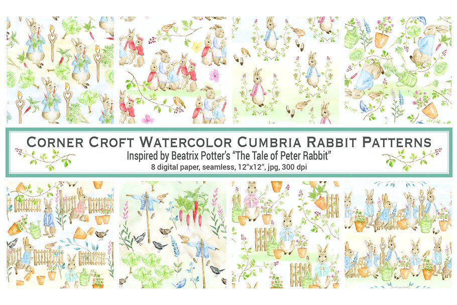 经典水彩兔子无缝图案 Watercolor Cumbria Rabbit Patterns插图