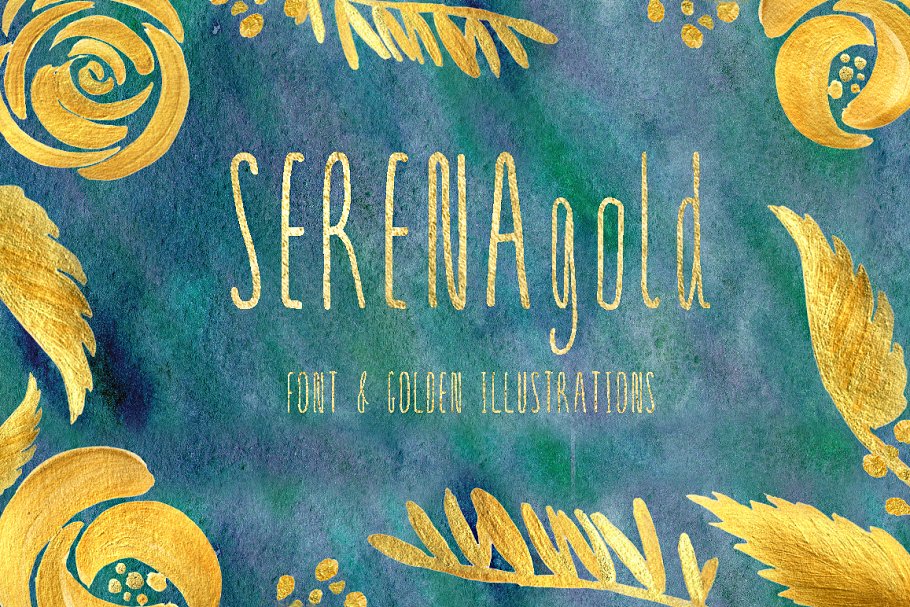 修长手写英文艺术无衬线字体 SERENA gold. Font & golden flowers.插图(4)