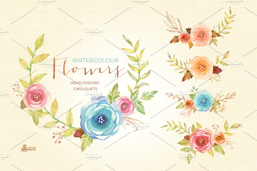 水彩花卉剪贴画合集 Watercolor Flowers Pack插图(3)