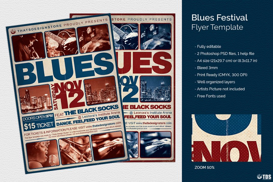 布鲁斯蓝调音乐节传单PSD模板 V2 Blues Festival Flyer PSD V2插图