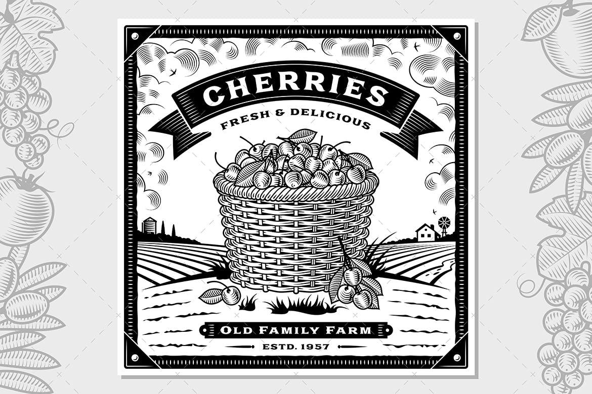 复古农场樱桃收获季节主题矢量插画 Retro Cherry Harvest Label With Landscape插图