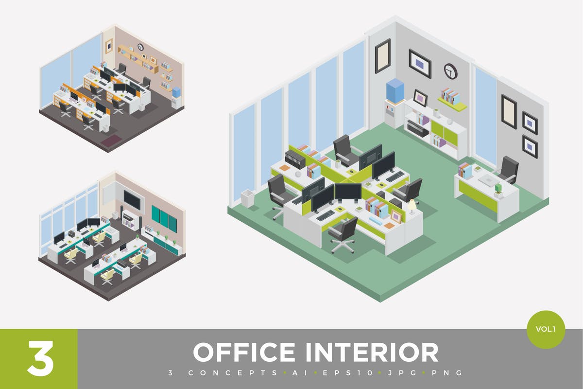 办公室场景2.5D等距概念插画v1 3 Isometric Office Cubical Interior Vector Set 1插图