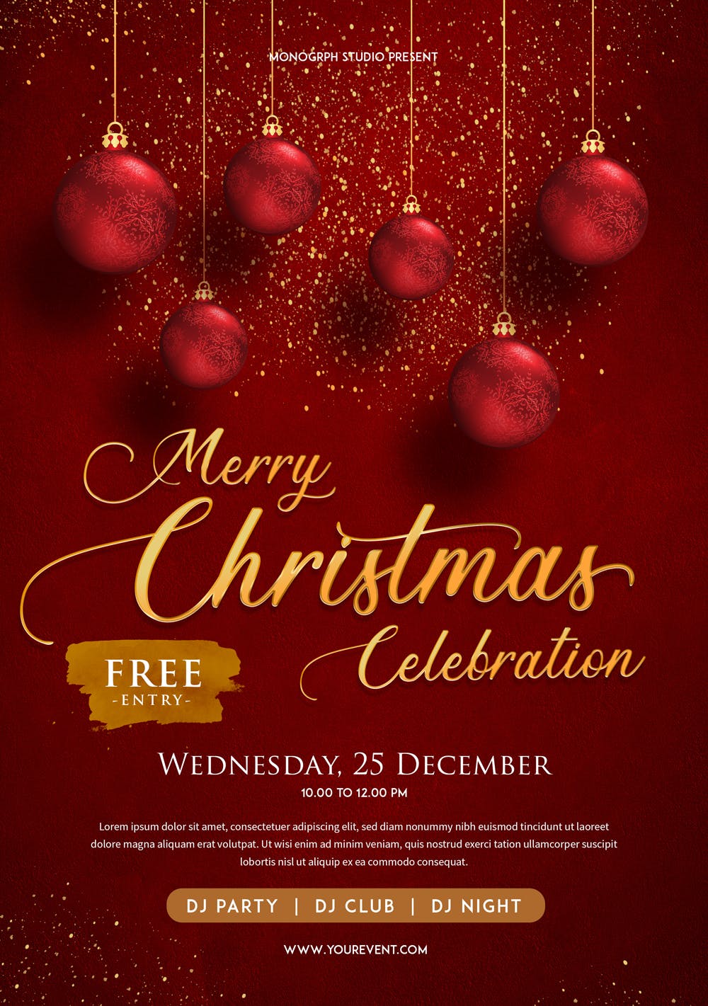 闪粉大红色风格圣诞节活动派对海报传单模板 Christmas Party Flyer插图(1)