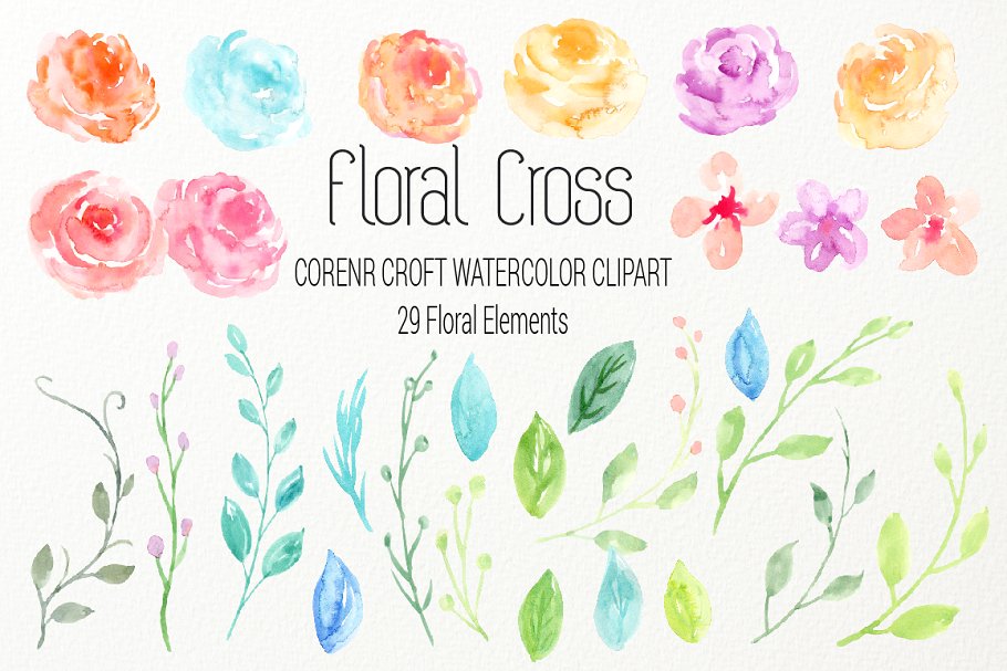 水彩艺术花卉十字架剪贴画 Watercolor clip Art Floral Cross插图(2)