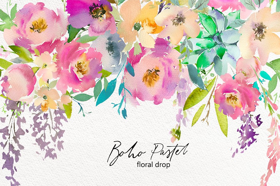 波希米亚式水粉花卉素材集 Boho Pastel Watercolor Flowers Set插图(6)