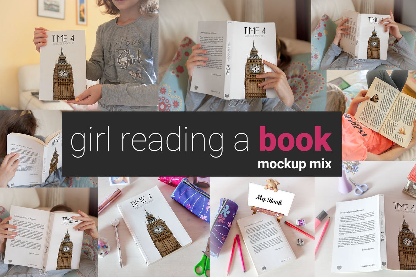 可爱小女孩读书的书籍装帧VI样机展示模型mockups插图