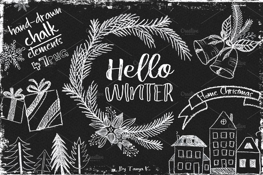 您好,冬天-粉笔手绘素材 Hello Winter Hand-drawn Chalk Kit插图