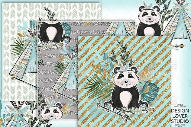 波西米亚风格熊猫无缝图案设计素材 Boho Panda digital paper pack插图(5)
