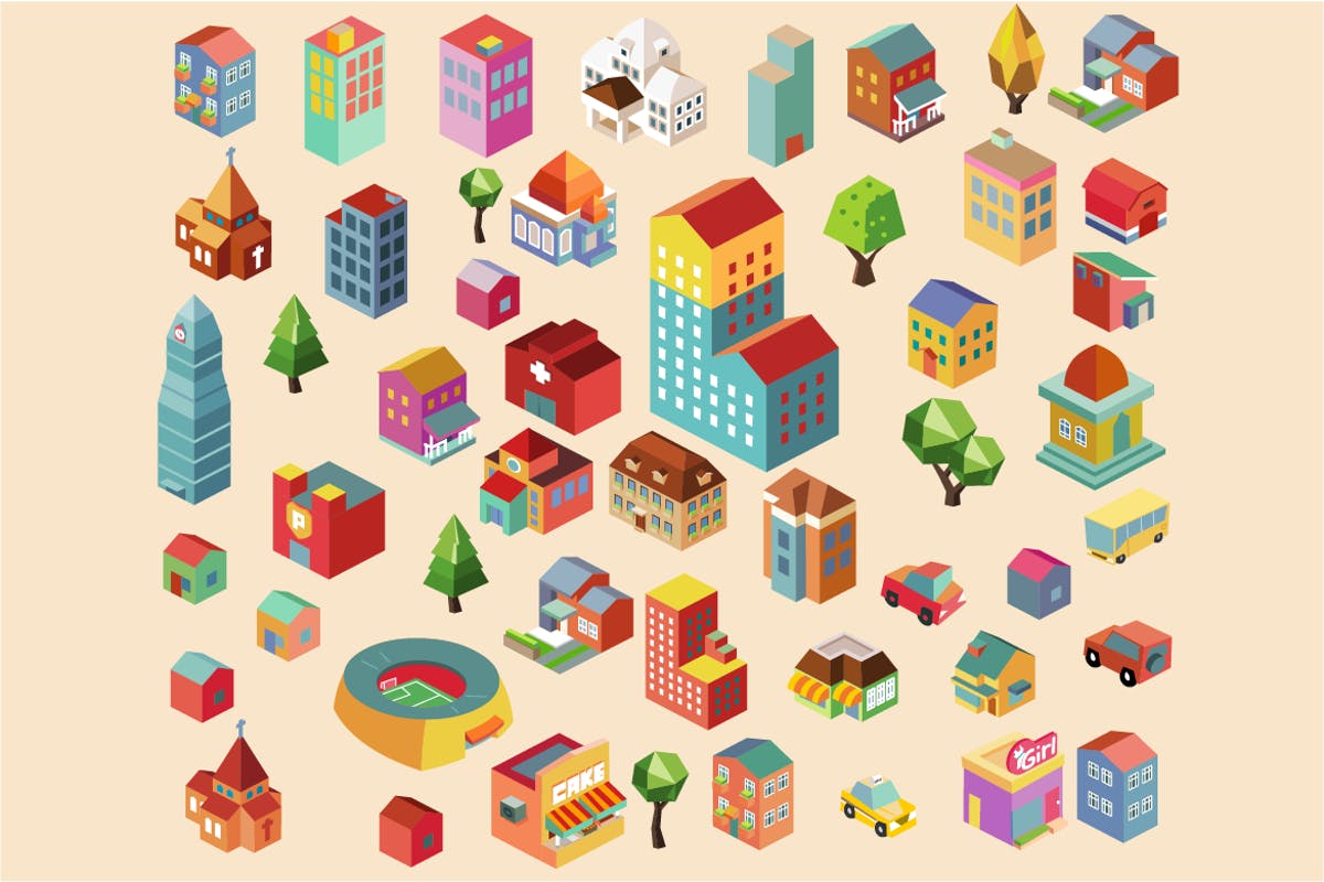 多彩等距离建筑建筑物场景矢量插画v4 Colorful vector isometric buildings插图