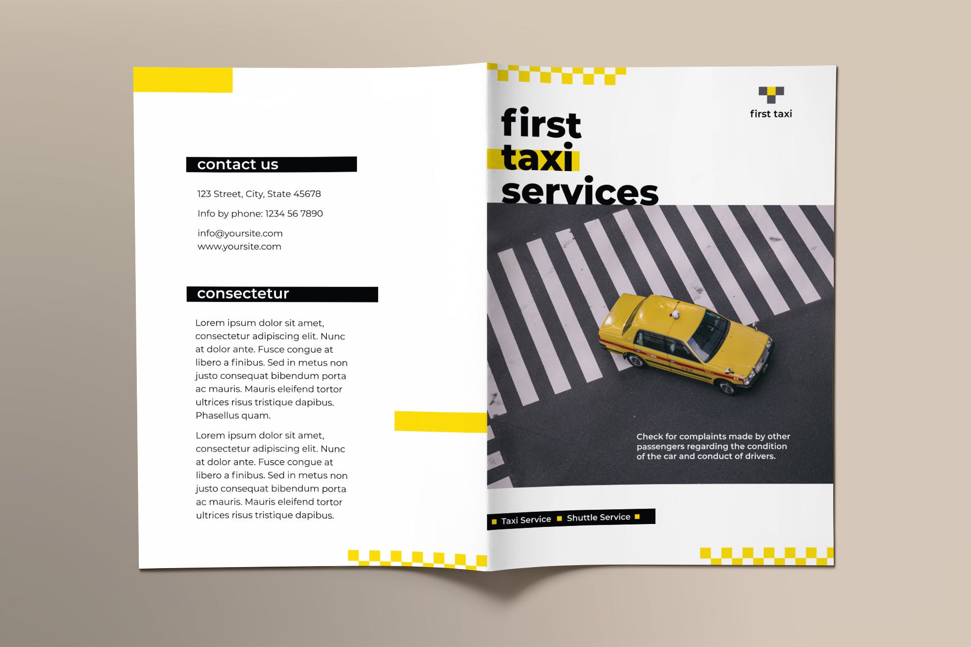出租车/网约车服务对折宣传册设计模板 Taxi Services Brochure Bifold插图(1)