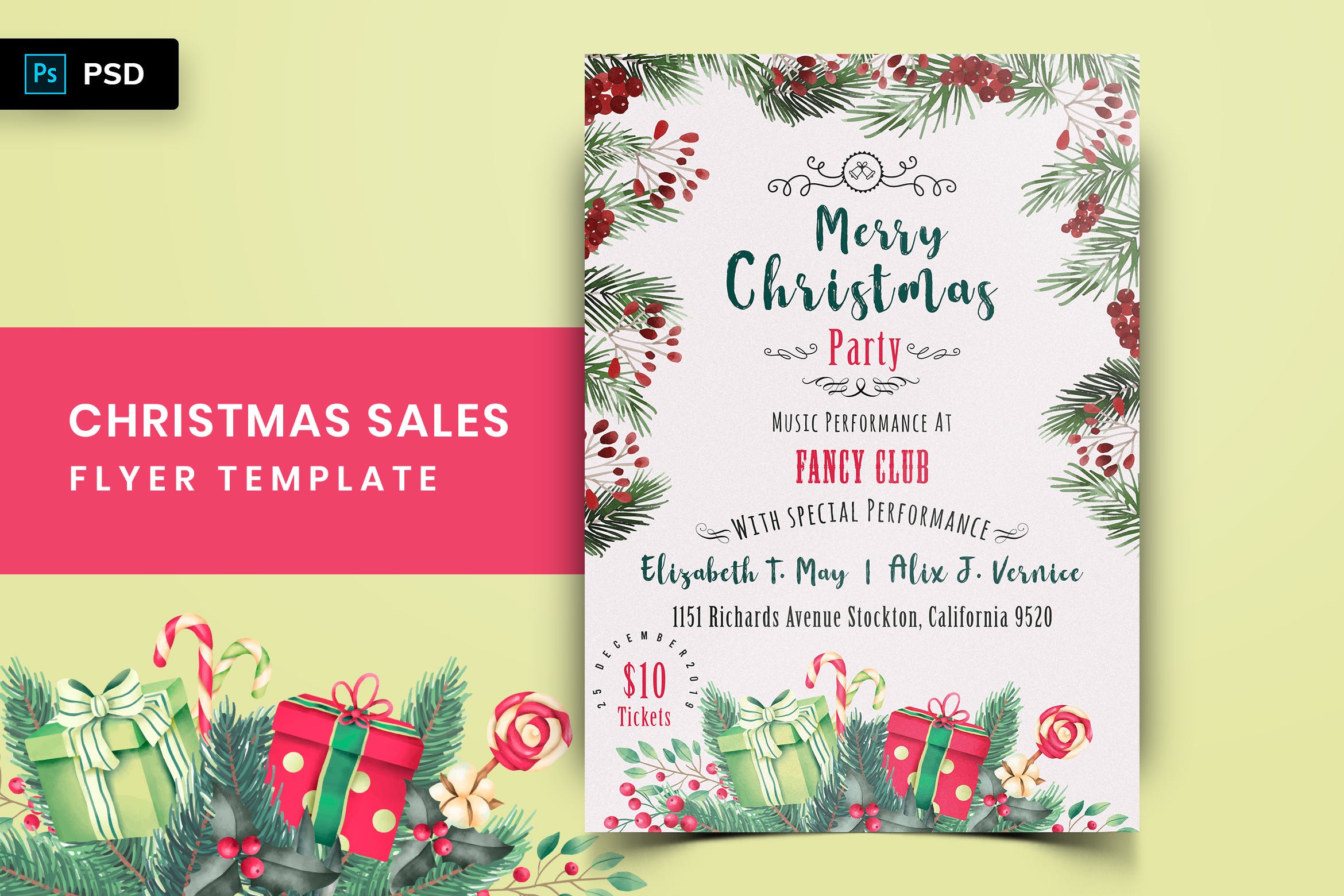 水彩手绘风格圣诞节超低折扣广告海报传单设计模板v2 Christmas Offer Sales Flyer-02插图