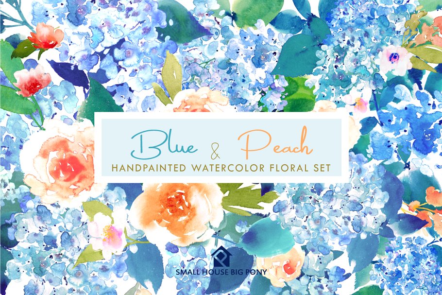 蓝色和桃色-水彩花卉元素套装 Blue & Peach- Watercolor Floral Set插图(5)