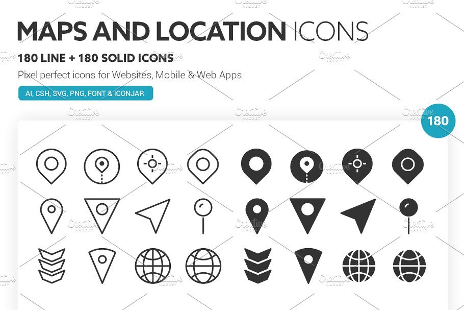 180个地图和位置线性及实体图标 Maps and Locations Icons插图