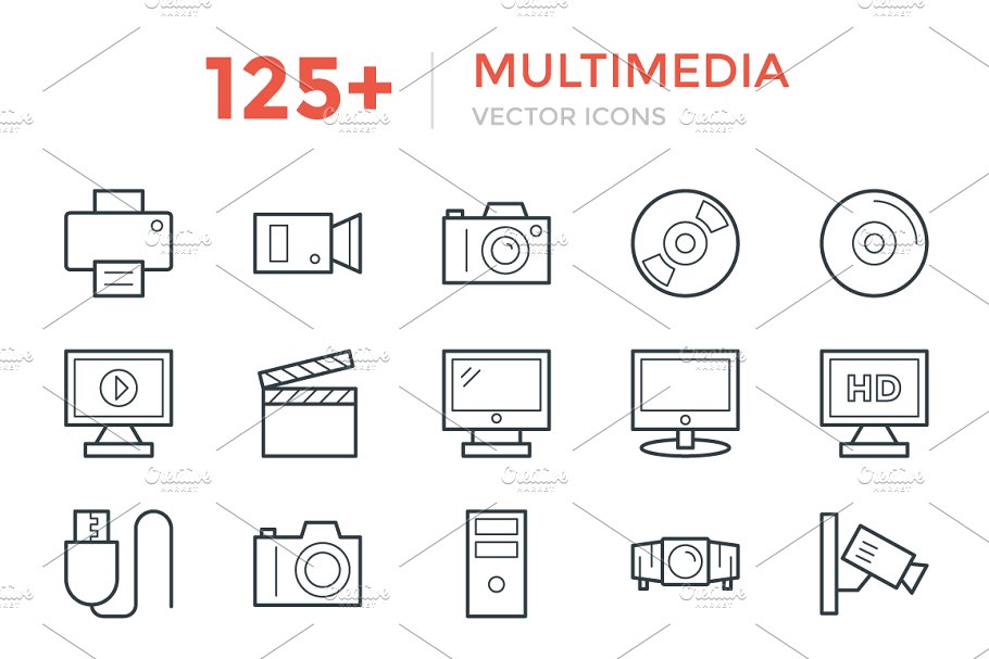 125+多媒体主题矢量图标 125+ Multimedia Vector Icons插图