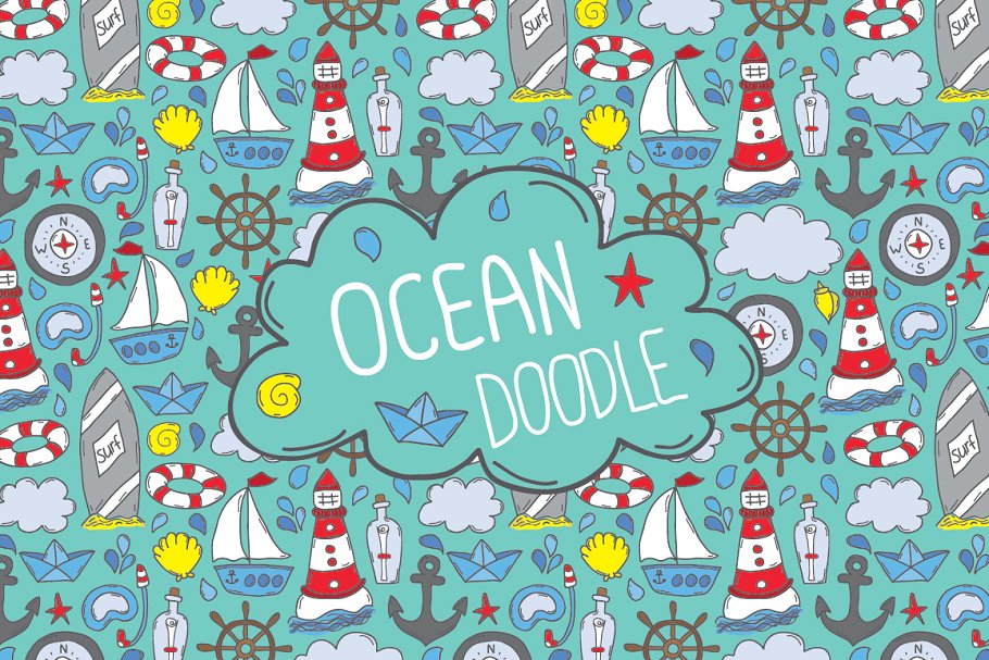 海洋元素涂鸦图案无缝纹理 Doodle ocean seamless patterns插图