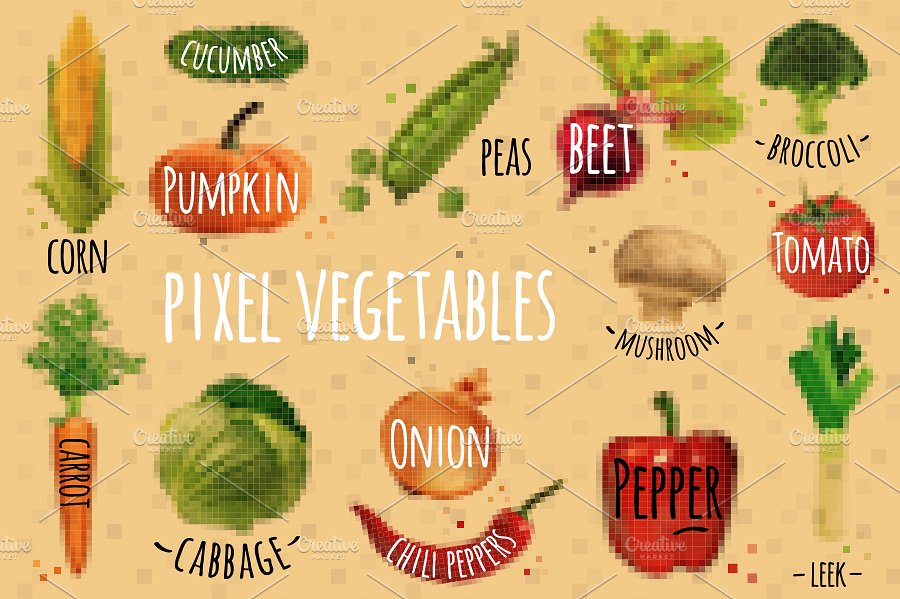 几何方块蔬菜水果颗粒像素化插图 Pixel Fruit & Vegetables插图(3)