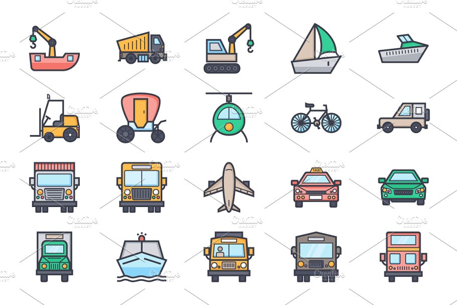 100+扁平化交通工具图标集 100+ Flat Transport Icons Set插图(3)
