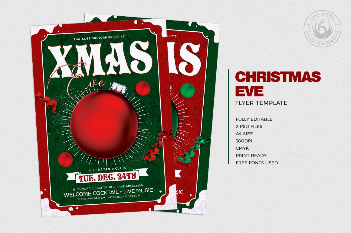 平安夜音乐鸡尾酒狂欢活动传单海报设计模板v9 Christmas Eve Flyer Template V9插图(1)
