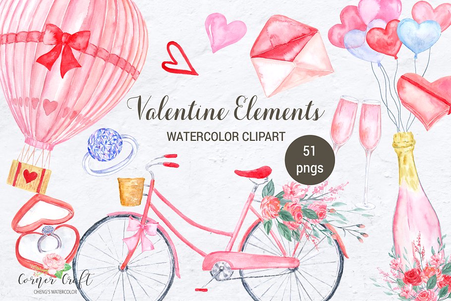 手绘水彩情人节元素剪贴画 Watercolor Valentine Elements插图