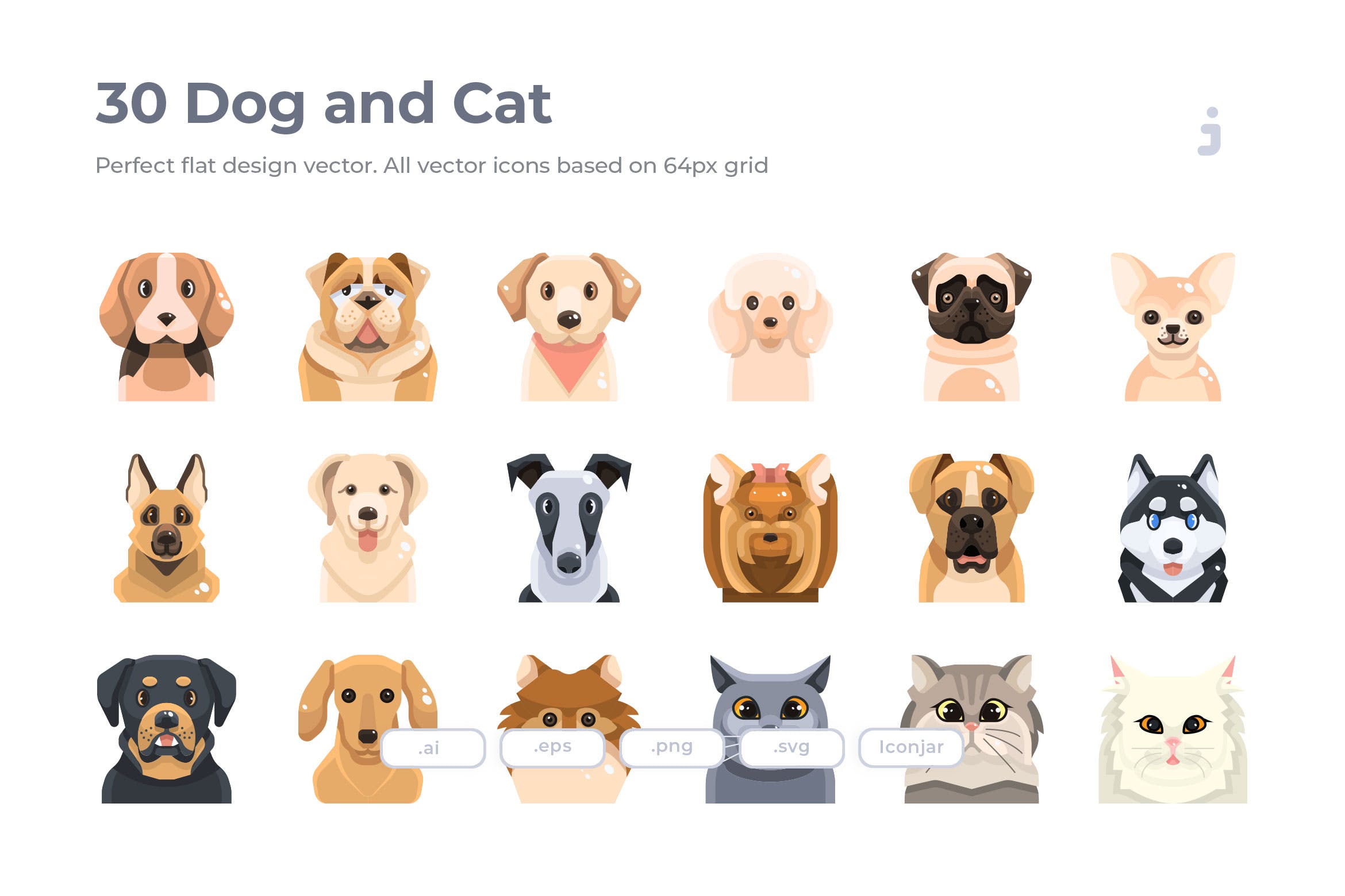 30枚狗&猫扁平设计风格矢量图标 30 Dog and Cat Icons – Flat插图