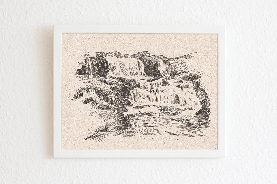 美丽瀑布素描矢量图形 Beautiful waterfalls, sketch style插图(9)