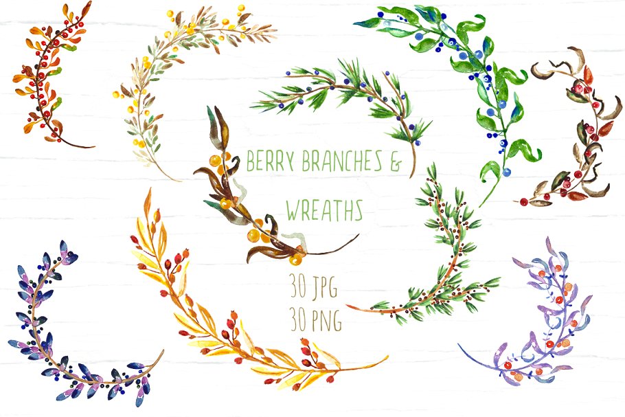 花环与花枝水彩剪贴画 Berry Wreaths and branches clipart插图(2)