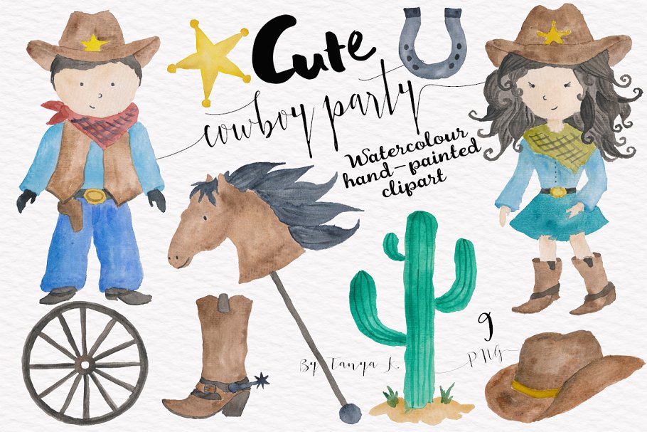 西部牛仔可爱风格水彩插画 Cowboy Party Watercolor Set插图