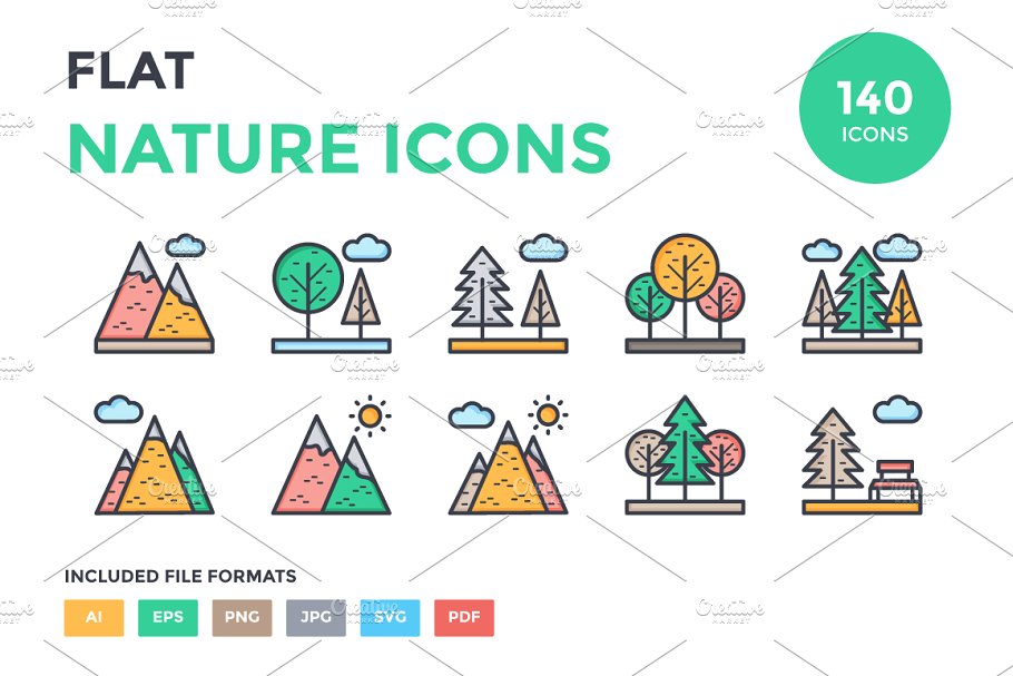 125多个大自然资源图标集  125+ Flat Nature Icons Set插图