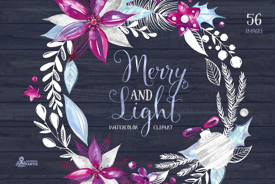 假日手绘水彩花卉剪贴画合集 Merry and Light. Holiday collection插图(3)