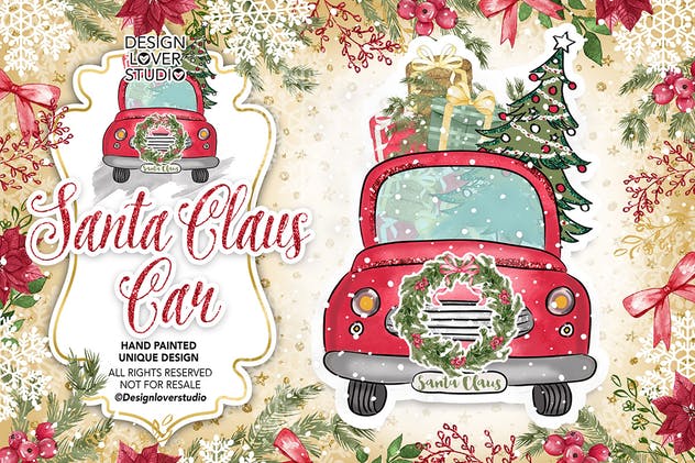 圣诞老人礼物小车矢量插画 Santa Claus Car design插图(2)
