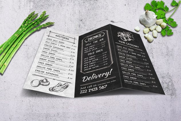 粉笔画素描风格三折页西式快餐设计模板 Sketch Trifold Food Menu A4 and US Letter插图(2)