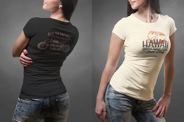 圆领T恤性感模特上身效果样机模板 Crew Neck T-shirt Mock-up Female Version插图(2)