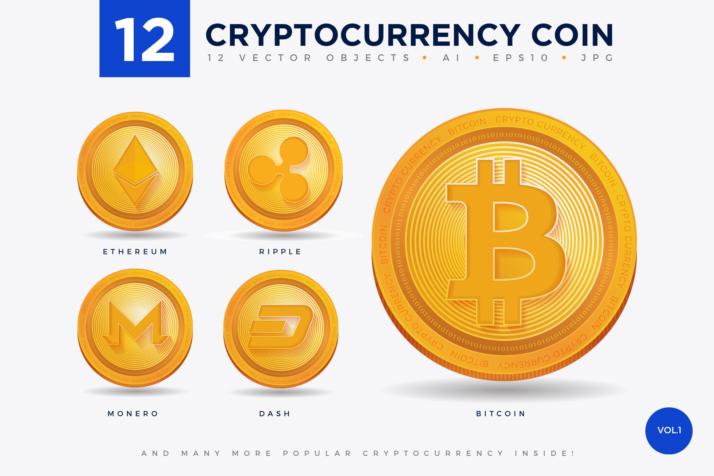 12枚加密货币主题硬币形状矢量图标合集v1 12 Crypto Currency Coin Vector Illustration Set 1插图