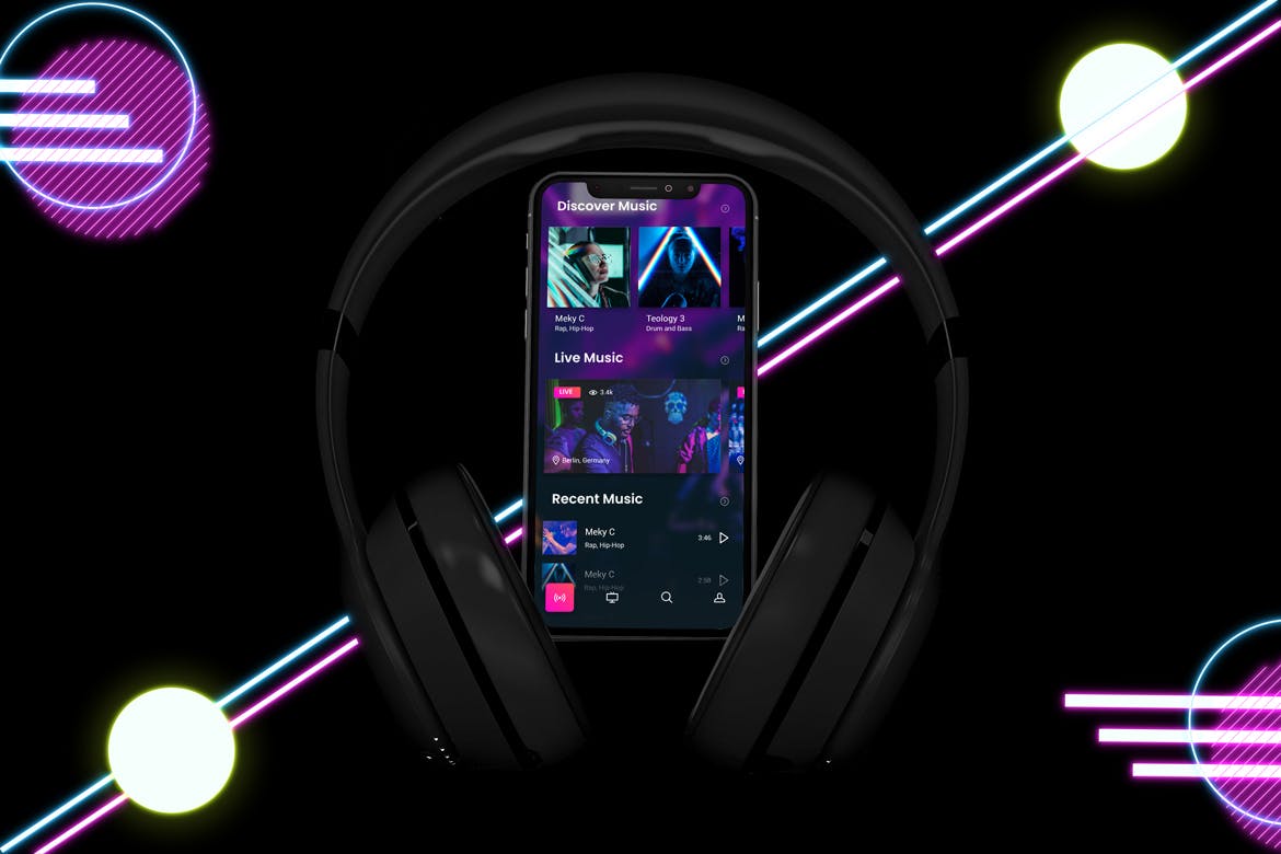 在线音乐APP设计效果图样机模板 Neon Music App MockUp插图(3)