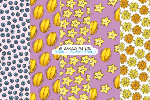 水果图案无缝纹理合集 Fruits Seamless Patterns Set插图(4)