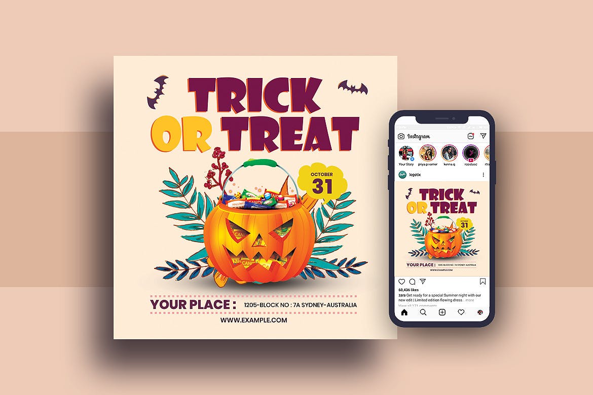 万圣节不给糖就捣蛋主题传单设计模板&Instagram社交设计素材 Halloween Trick Or Treat Flyer & Instagram Post插图(2)