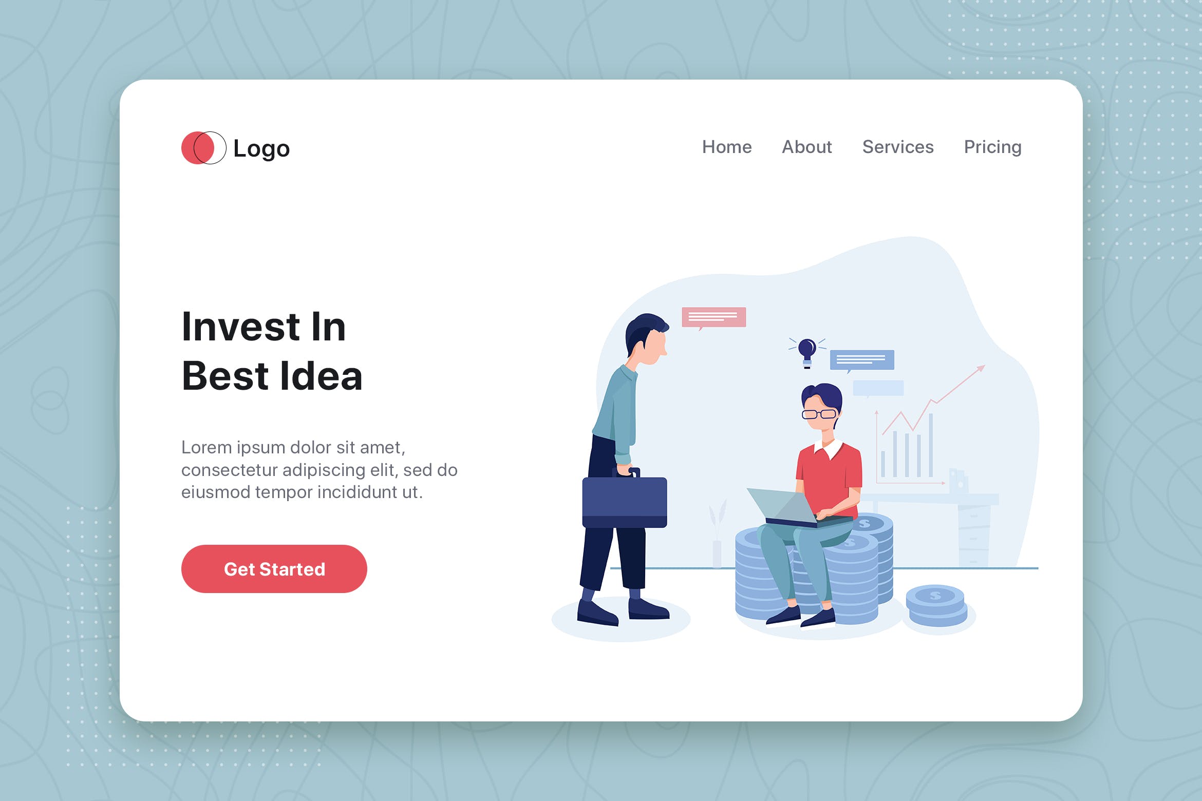 融资洽谈主题网站首页设计概念插画 Invest in best idea landing page website template插图