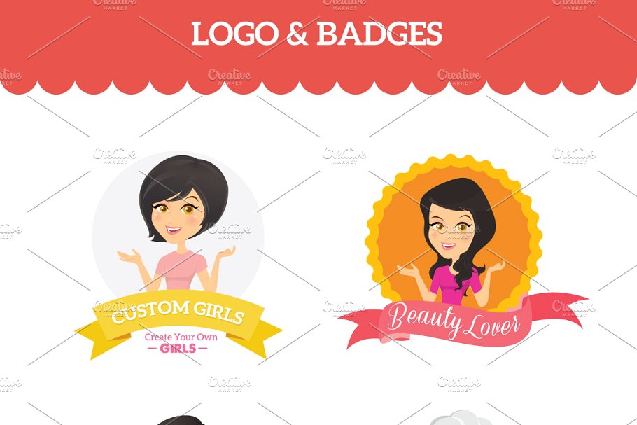 卡通女孩形象Logo徽标设计素材包 Custom Girls – Logo & Badges Creator插图(4)