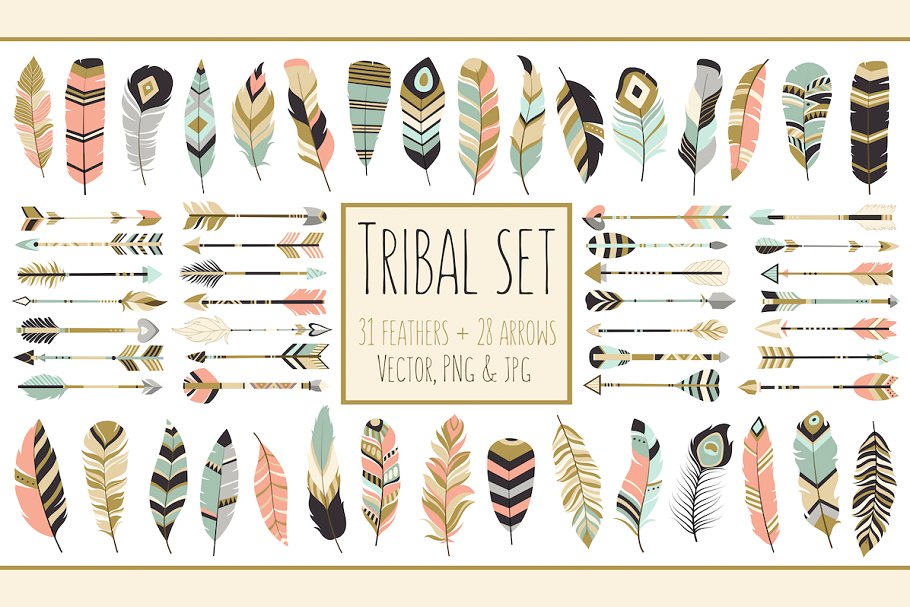 59个美丽的部落箭头艺术羽毛剪贴画 59 Arrows & Feathers Tribal Clipart插图