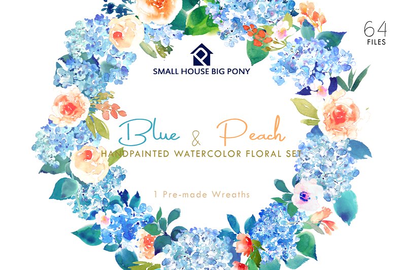 蓝色和桃色-水彩花卉元素套装 Blue & Peach- Watercolor Floral Set插图(6)
