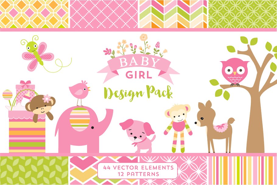 女童主题风格设计元素&背景纹理 Baby Girl Graphics & Patterns插图