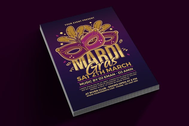 狂欢节面具舞会传单海报设计模板 Mardi Gras Flyer插图(1)