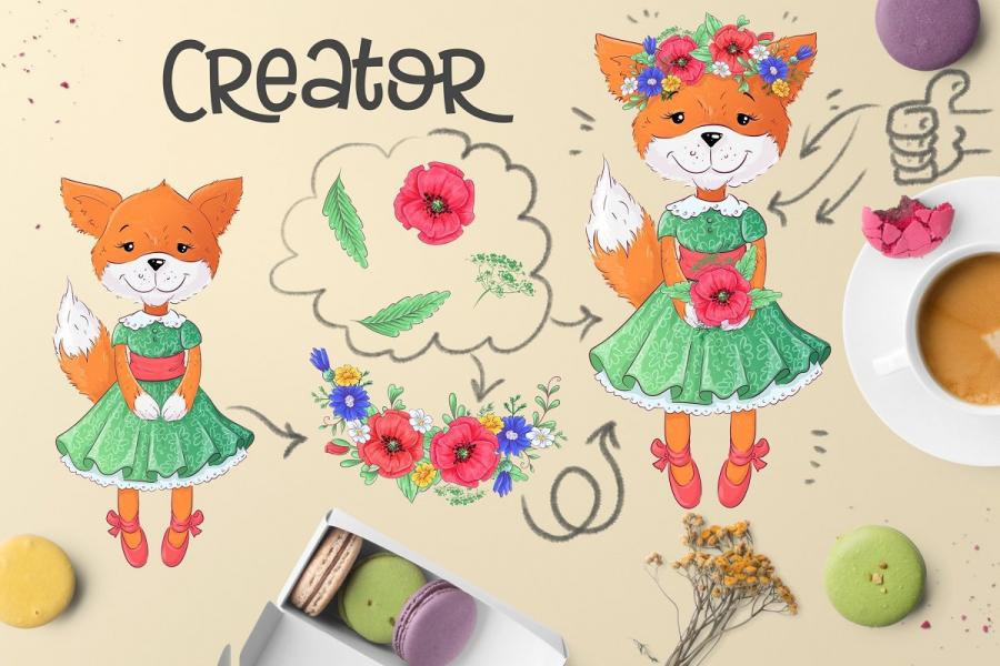 可爱的狐狸和罂粟花矢量剪贴画插图(7)