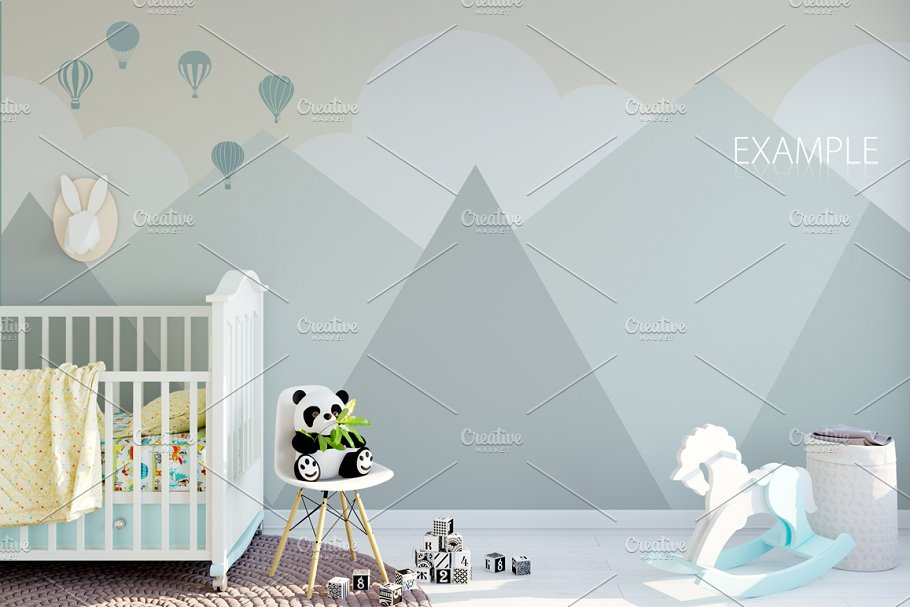 儿童主题室内墙纸设计展示和相框画框样机 Kids Interior Wall & Frames Mockup 1插图(5)
