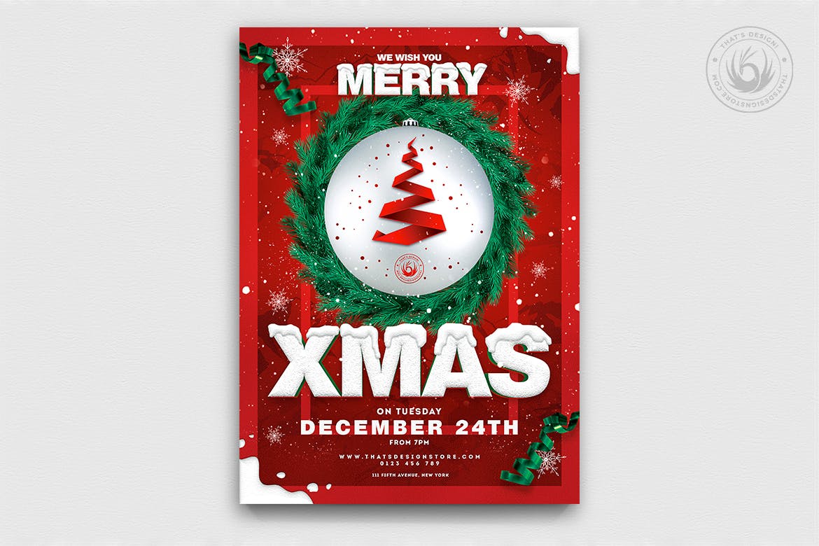 创意圣诞树平安夜活动海报传单模板v11 Christmas Eve Flyer Template V11插图