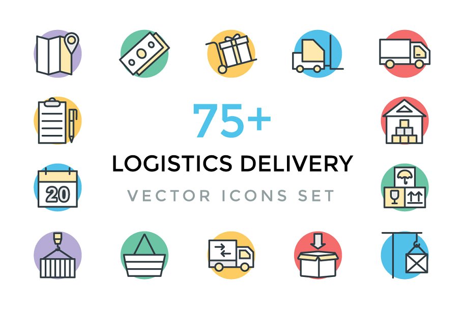 75+物流运输业彩色粗线条图标 Logistics Delivery Vector Icons插图