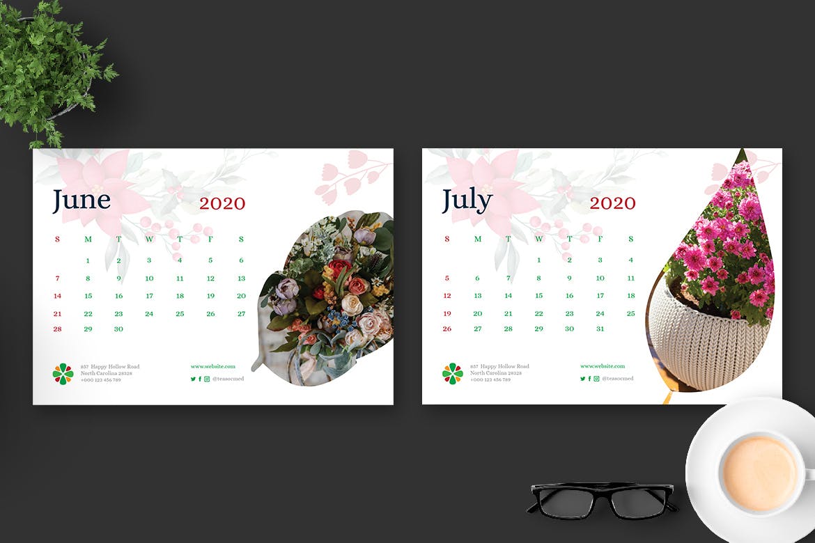 2020年花卉主题翻页台历设计模板 2020 Clean Florist Calendar Pro插图(4)