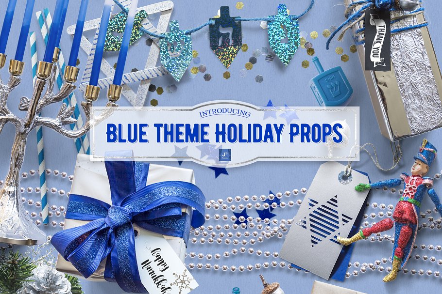蓝色格调假日和光明节场景设计装饰元素 Holiday & Hanukkah Props in Blue插图