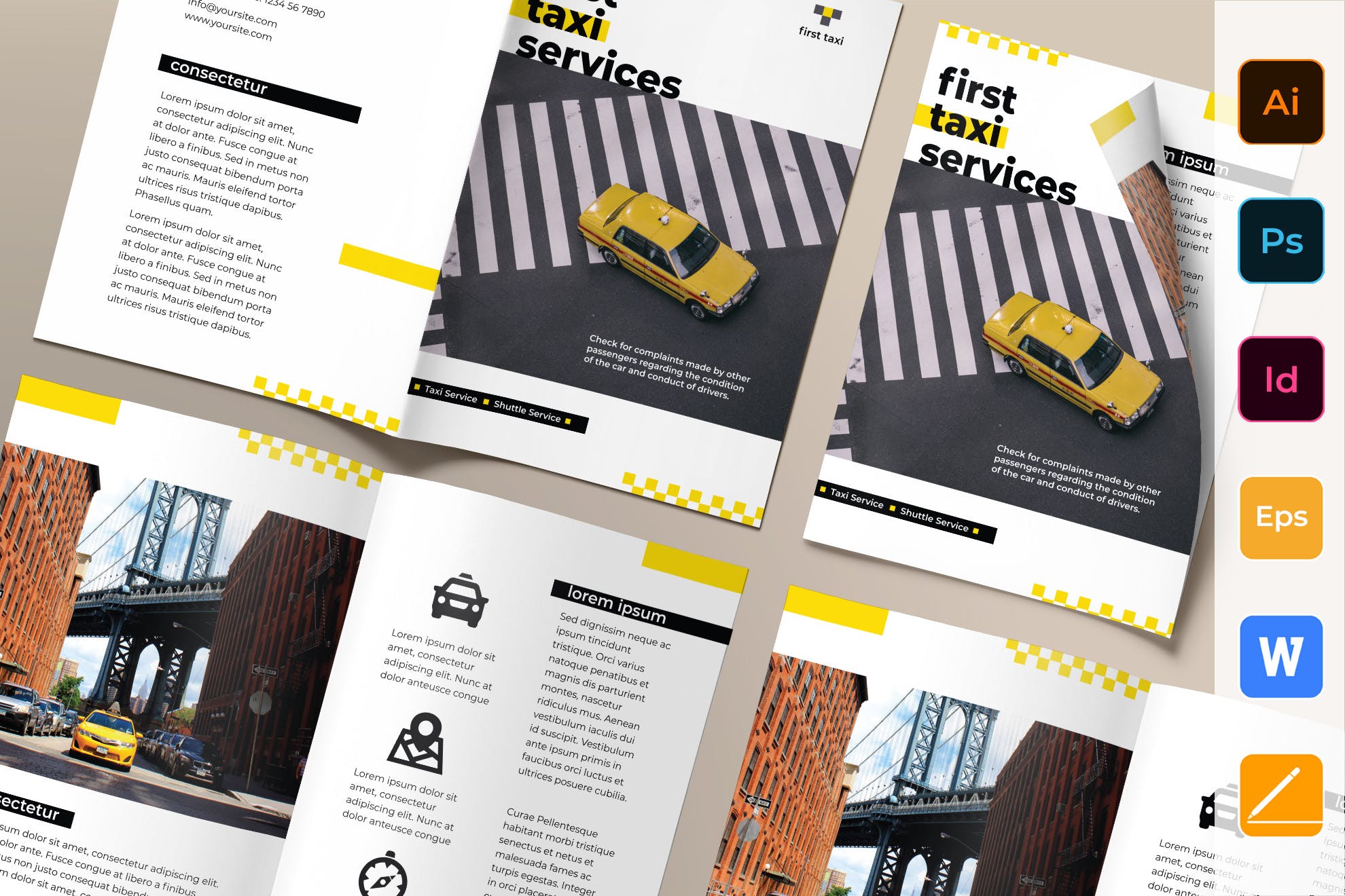 出租车/网约车服务对折宣传册设计模板 Taxi Services Brochure Bifold插图