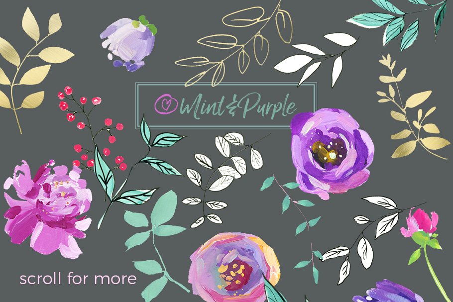 薄荷和紫色水彩花卉 Mint and Purple Watercolor Flowers插图(1)